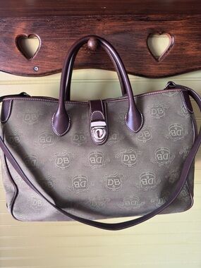Dooney & Bourke Large Signature Satchel – Green Canvas & Brown Leather Trim –